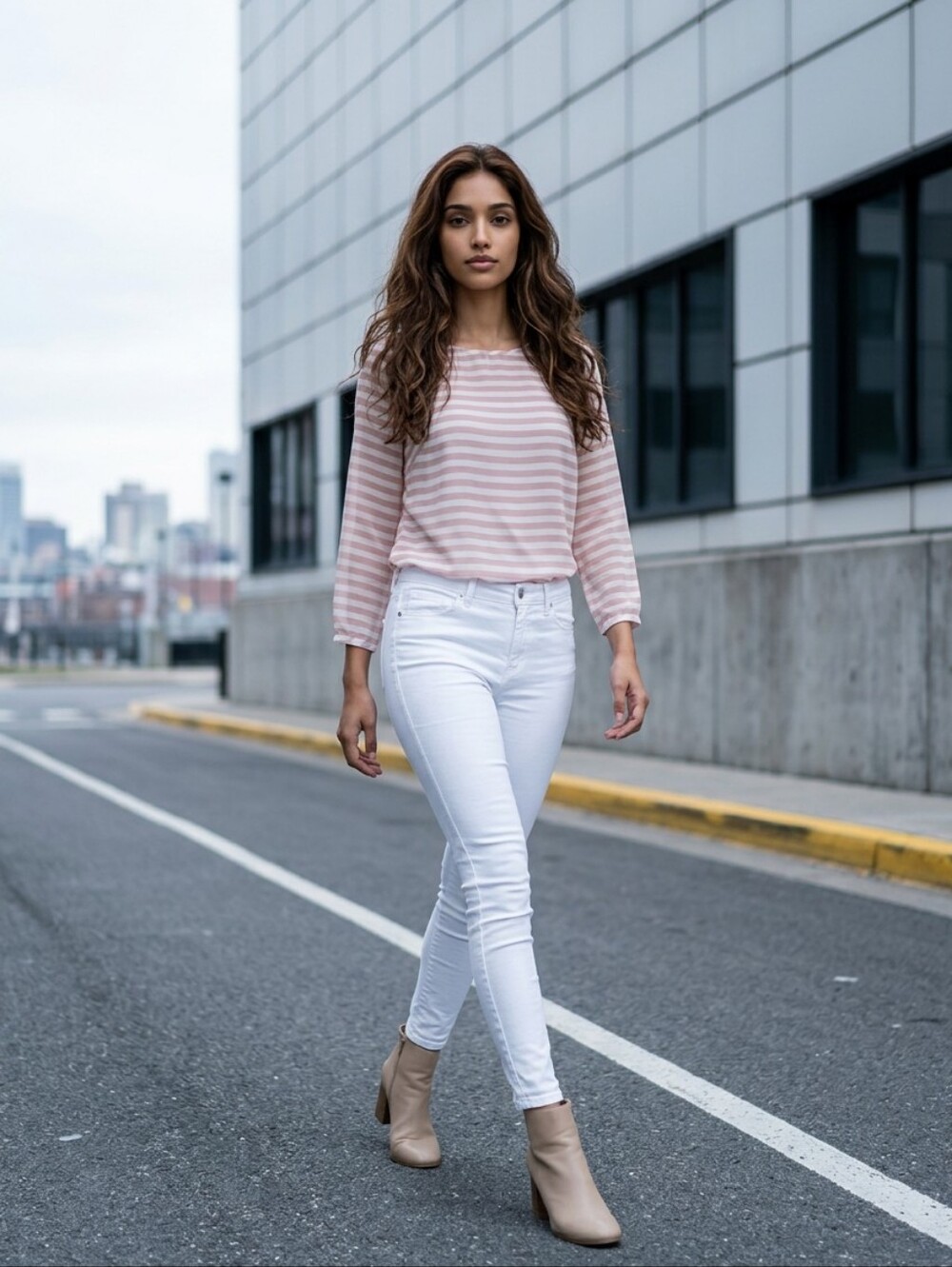 LOFT Blush Pink and White Striped Long-Sleeve Blouse